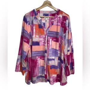 Denim & Company Pink Colorblock Long Sleeve Blouse 2X